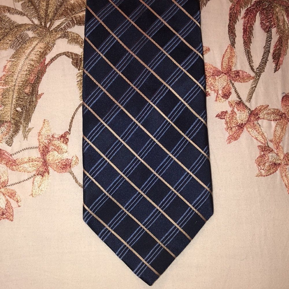 Nautica Navy Blue Gold Diagonal Plaid Silk Tie